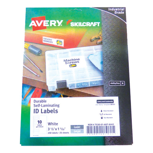 7530016878443 SKILCRAFT/AVERY Durable Self-Laminating ID Labels, 1.03 x 3.5, White, 10/Sheet, 25 Sheets/Pack