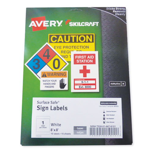 7530016878151 SKILCRAFT/AVERY Surface Safe Sign Labels, 8 x 8, White, 1/Sheet, 15 Sheets/Box, 12 Boxes/Box