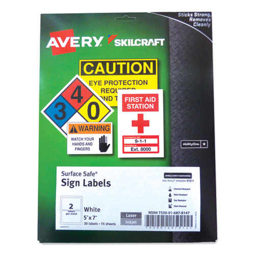 7530016878147 SKILCRAFT/AVERY Surface Safe Sign Labels, 5 x 7, White, 2/Sheet, 15 Sheets/Box, 12 Boxes/Box