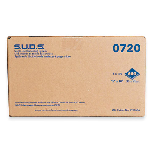 Image of S.U.D.S. Single Use Dispensing System Towels For Quat, 10 x 12, Unscented, White, 110/Roll, 6 Rolls/Carton