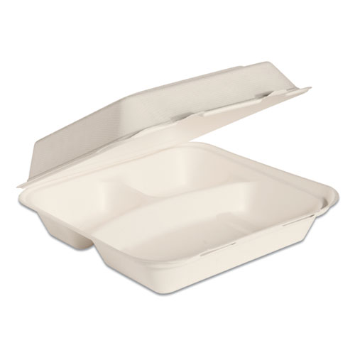SOLO® Bare Eco-Forward Bagasse Hinged Lid Containers, 3-Compartment, 9.6 x 9.4 x 3.2, Ivory, Sugarcane, 200/Carton