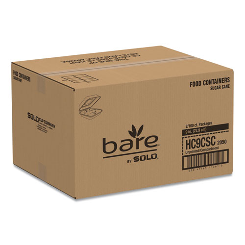 Image of Solo® Bare Eco-Forward Bagasse Hinged Lid Containers, 3-Compartment, 9.6 X 9.4 X 3.2, Ivory, Sugarcane, 200/Carton