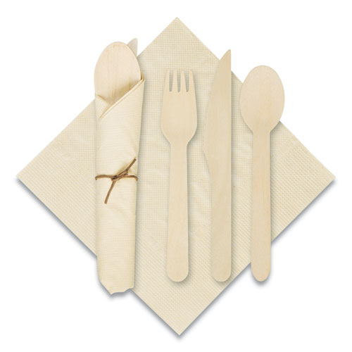 Image of Pre-Rolled Caterwrap Kraft Napkins with Wood Cutlery, 6 x 12 Napkin;Fork;Knife;Spoon, 7" to 9", Kraft, 100/Carton