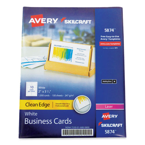 7530016880800 SKILCRAFT/AVERY Clean Edge Business Cards, Laser, 3.5 x 2, White, 1,000 Cards, 10 Cards/Sheet, 100 Sheets/Box