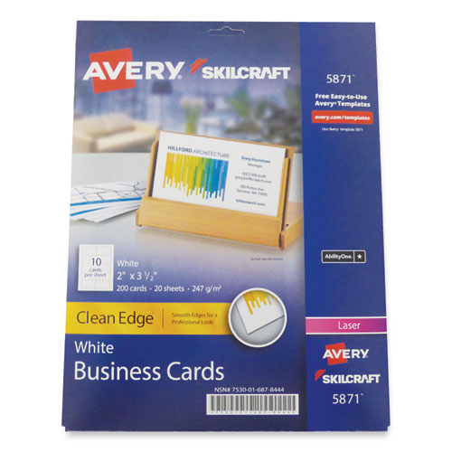 7530016878444 SKILCRAFT/AVERY Clean Edge Business Cards, Laser, 3.5 x 2, White, 200 Cards, 10 Cards/Sheet, 20 Sheets/Pack