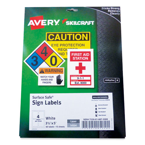 7530016875089 SKILCRAFT/AVERY Surface Safe Sign Labels, 3.5 x 5, White, 4/Sheet, 15 Sheets/Box, 12 Boxes/Box