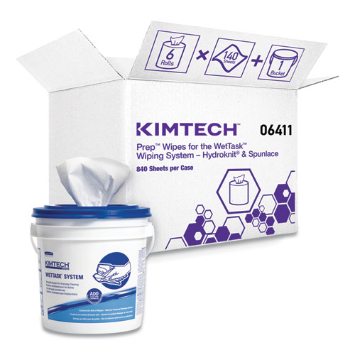 Critical Clean Wipers for Bleach, Disinfectants, Sanitizers WetTask Customizable Wet Wiping System, w/Bucket, 140/Roll, 6/CT