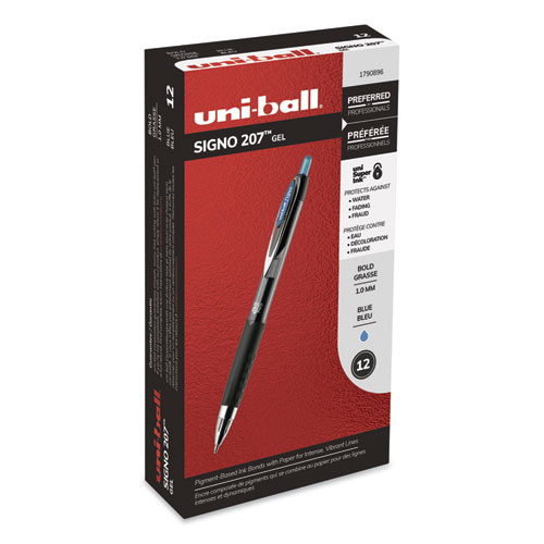 Signo 207 Gel Pen, Retractable, Bold 1 mm, Blue Ink, Black/Blue Barrel, Dozen