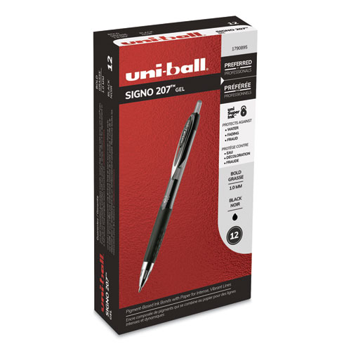 Signo 207 Gel Pen, Retractable, Bold 1 mm, Black Ink, Translucent Black Barrel, Dozen