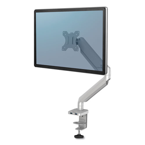 Image of Fellowes® Platinum Series Single Monitor Arm, For 27" Monitors, 360 Deg Rotation, 45 Deg Tilt, 180 Deg Pan, Silver, Supports 20 Lb