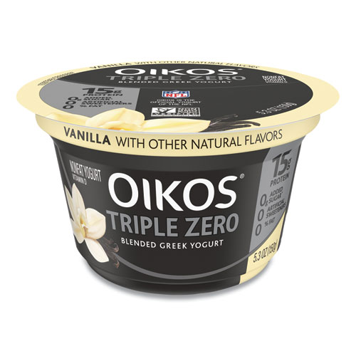 Triple Zero Blended Greek Nonfat Yogurt, 5.3 oz, Strawberry/Mixed Berry/Vanilla, 18/Carton, Ships in 1-3 Business Days