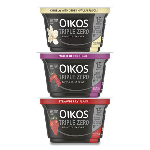 Image of Oikos® Triple Zero Blended Greek Nonfat Yogurt, 5.3 Oz, Strawberry/Mixed Berry/Vanilla, 18/Carton, Ships In 1-3 Business Days