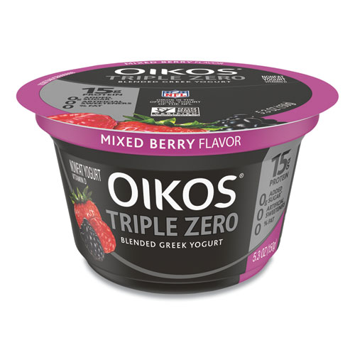 Image of Oikos® Triple Zero Blended Greek Nonfat Yogurt, 5.3 Oz, Strawberry/Mixed Berry/Vanilla, 18/Carton, Ships In 1-3 Business Days