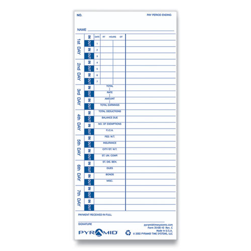 Image of Pyramid Technologies Time Clock Cards For Pyramid Technologies 3000, One Side, 4 X 9, 100/Pack