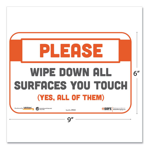 BeSafe Messaging Repositionable Wall/Door Signs, 9 x 6, Please Wipe Down All Surfaces You Touch, White, 3/Pack