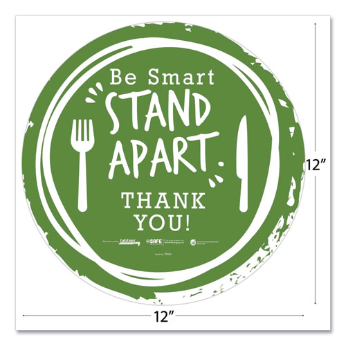 BeSafe Messaging Floor Decals, Be Smart Stand Apart; Knife/Fork; Thank You, 12" Dia., Green/White, 6/Carton