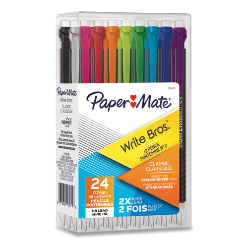 Paper Mate® Write Bros Mechanical Pencil, 0.7 Mm, Hb (#2), Black Lead, Black Barrel With Assorted Clip Colors, 24/Pack