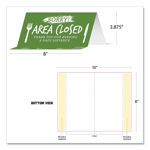 BeSafe Messaging Table Top Tent Card, 8 x 3.87, Sorry! Area Closed Thank You For Keeping A Safe Distance, Green, 100/Carton