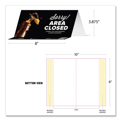 BeSafe Messaging Table Top Tent Card, 8 x 3.87, Sorry! Area Closed Thank You For Keeping A Safe Distance, Black, 10/Pack
