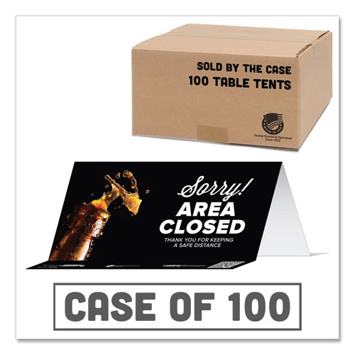 BeSafe Messaging Table Top Tent Card, 8 x 3.87, Sorry! Area Closed Thank You For Keeping A Safe Distance, Black, 100/Carton