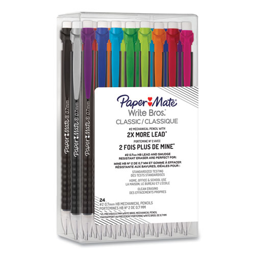 Image of Paper Mate® Write Bros Mechanical Pencil, 0.7 Mm, Hb (#2), Black Lead, Black Barrel With Assorted Clip Colors, 24/Pack