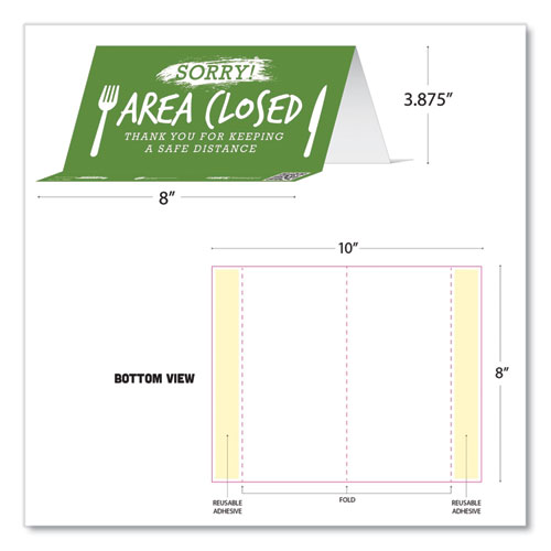 Image of Tabbies® Besafe Messaging Table Top Tent Card, 8 X 3.87, Sorry! Area Closed Thank You For Keeping A Safe Distance, Green, 10/Pack