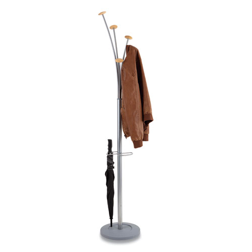 Image of Alba™ Festival Coat Stand With Umbrella Holder, Five Knobs, 14W X 14D X 73.67H, Silver Gray