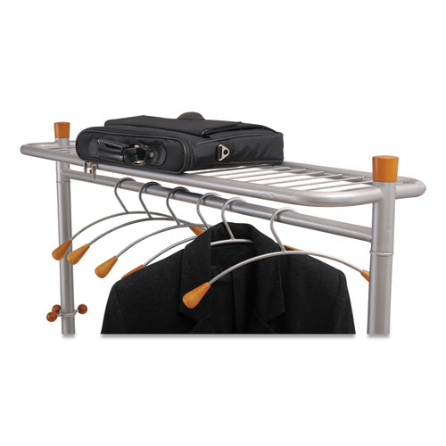 Image of Garment Racks, Two-Sided, 2-Shelf Coat Rack, 6 Hanger/6 Hook, 44.8w x 21.67d x 70.8h, Silver Steel/Wood