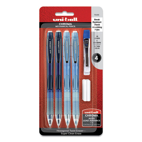 CHROMA MECHANICAL PENCIL WOTH LEASD AND ERASER REFILLS, 0.7 MM, HB (#2), BLACK LEAD, ASSORTED BARREL COLORS, 4/SET
