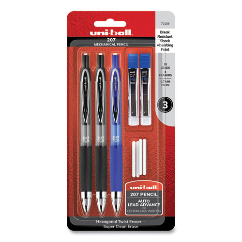 207 MECHANICAL PENCIL WITH LEAD AND ERASER REFILLS, 0.7 MM, HB (#2), BLACK LEAD, ASSORTED BARREL COLORS, 3/SET