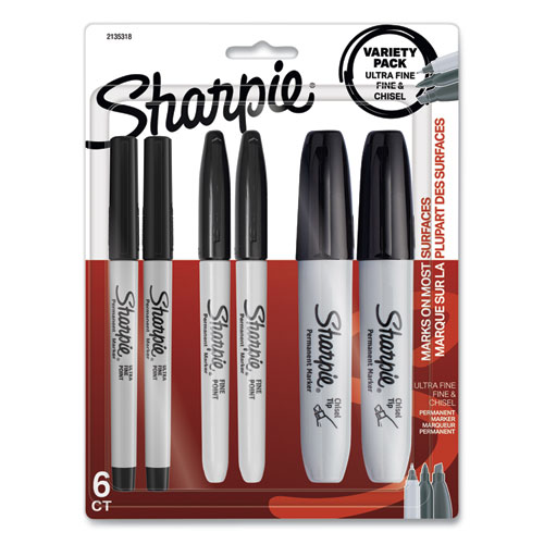 Mixed Point Size Permanent Markers, Assorted Tips, Black, 6/Pack