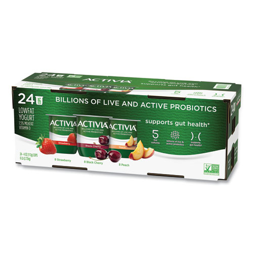 Activia® Probiotic Lowfat Yogurt, 4 Oz Cups, Black Cherry/Peach/Strawberry, 24/Pack, Ships In 1-3 Business Days