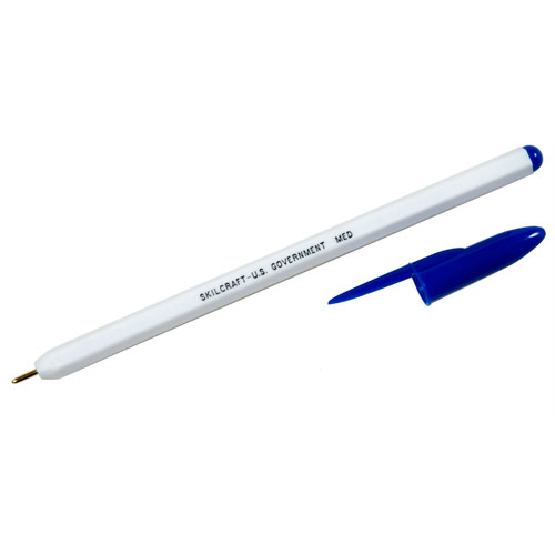 7520010589977 SKILCRAFT Ballpoint Pen, Stick, Medium 1 mm, Blue Ink, White Barrel, Dozen
