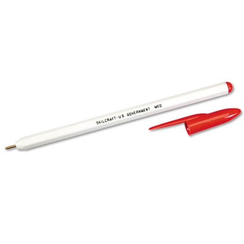 7520010594125 SKILCRAFT Stick Ballpoint Pen, Medium 1mm, Red Ink, White Barrel, Dozen
