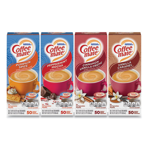 Coffee Mate® Liquid Coffee Creamer, Cinnamon/Peppermint/Pumpkin/Vanilla, 0.38Oz Mini Cups, 50/Pk,4 Pk/Ct, Ships In 1-3 Business Days