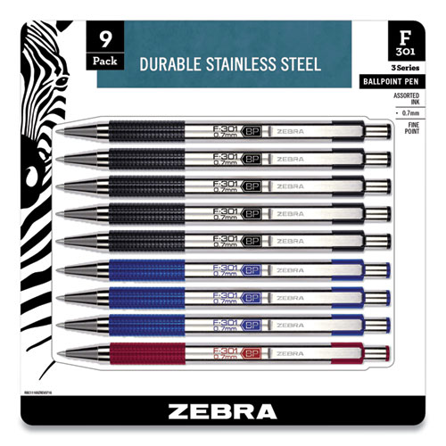 F-301 Ballpoint Pen, Retractable, Fine 0.7 mm, Assorted Ink and Barrel Colors, 9/Pack