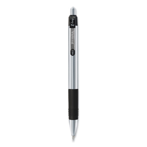 Image of Zebra® Z-Grip Metal Ballpoint Pen, Retractable, Medium 1 Mm, Black Ink, Silver Barrel, 12/Pack