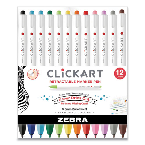 Zebra® Clickart Porous Point Pen, Retractable, Fine 0.6 Mm, Assorted Ink Colors, White/Assorted Barrel, 12/Pack