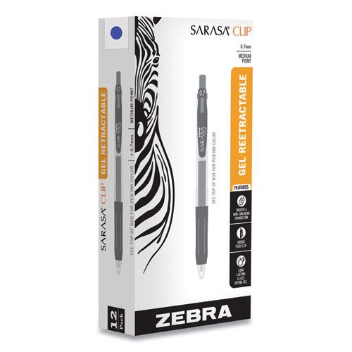 Zebra® Sarasa Clip Gel Pen, Retractable, Medium 0.7 Mm, Blue Ink, Clear Barrel, 12/Pack