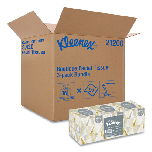 Image of Boutique White Facial Tissue, 2-Ply, Pop-Up Box, 95 Sheets/Box, 3 Boxes/Pack, 12 Packs/Carton