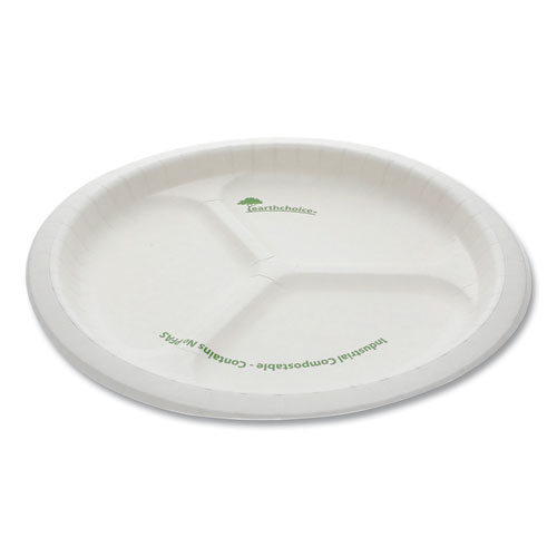 EarthChoice Pressware Compostable Dinnerware, 3-Compartment Plate, 10" dia, White, 250/Carton