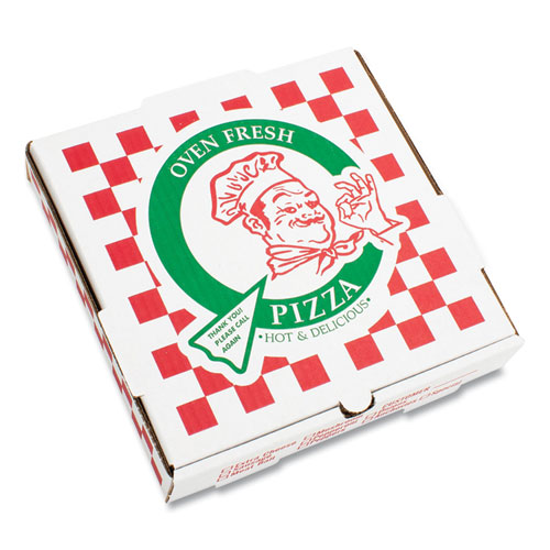 Corrugated Kraft Pizza Boxes, B-Flute, White/Red/Green, 18" Pizza, 18 x 18 x 1.88, 50/Carton