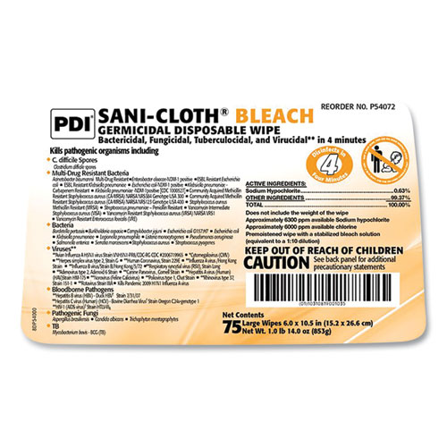Sani-Cloth Bleach Germicidal Disposable Wipes, Deep-Well Lid Canister, 10.5 x 6, 75/Canister