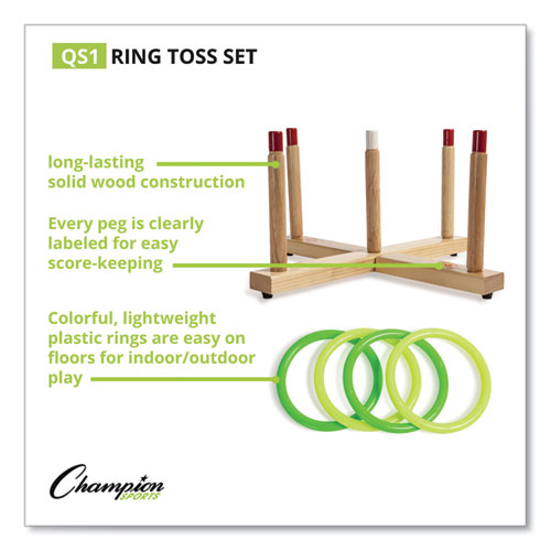 Image of Champion Sports Ring Toss Set, Plastic/Wood, Assorted Colors, 5 Pegs, 4 Rings