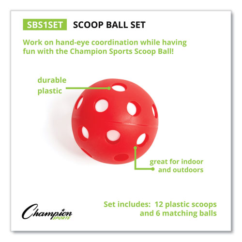 Image of Champion Sports Scoop Ball Set, Plastic, Assorted Colors, 2 Scoops,1 Ball/Set, 6/Set