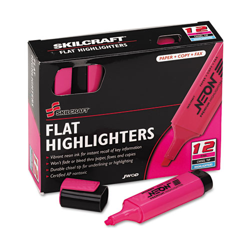7520013519146 SKILCRAFT Flat Fluorescent Highlighter, Fluorescent Pink Ink, Chisel Tip, Pink Barrel, Dozen