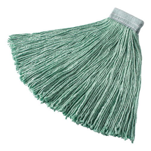 Image of Rubbermaid® Commercial Non-Launderable Cotton/Synthetic Cut-End Wet Mop Heads, 24 Oz, Green, 5" White Headband