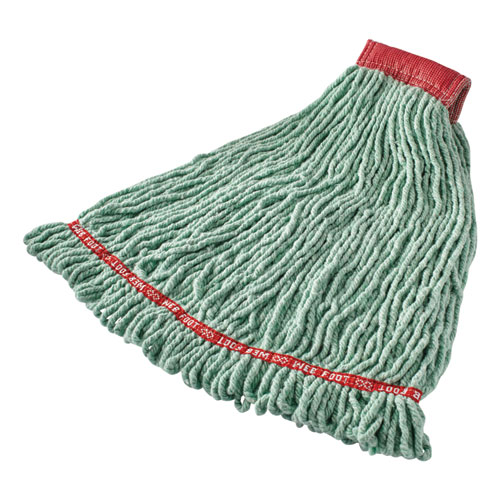 Image of Web Foot Shrinkless Looped-End Wet Mop Head, Cotton/Synthetic, Large, Green, 5" Red Headband