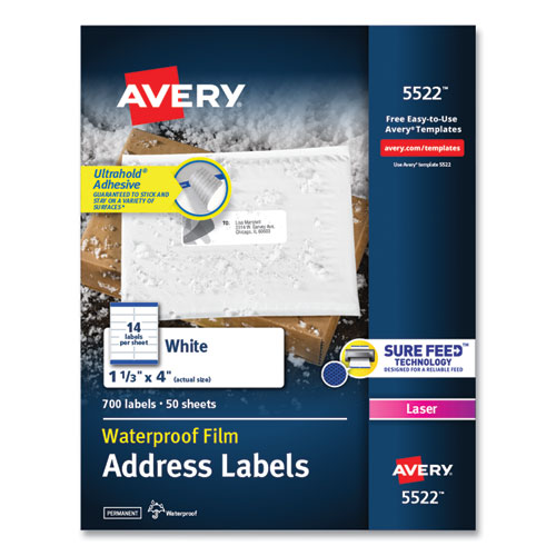 Image of Waterproof Address Labels with TrueBlock and Sure Feed, Laser Printers, 1.33 x 4, White, 14/Sheet, 50 Sheets/Pack