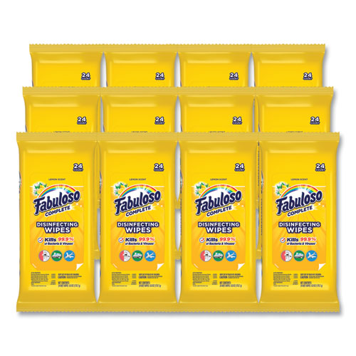 Fabuloso® Multi Purpose Wipes, 1-Ply, 7 X 7, Lemon, White, 24/Pack, 12 Packs/Carton